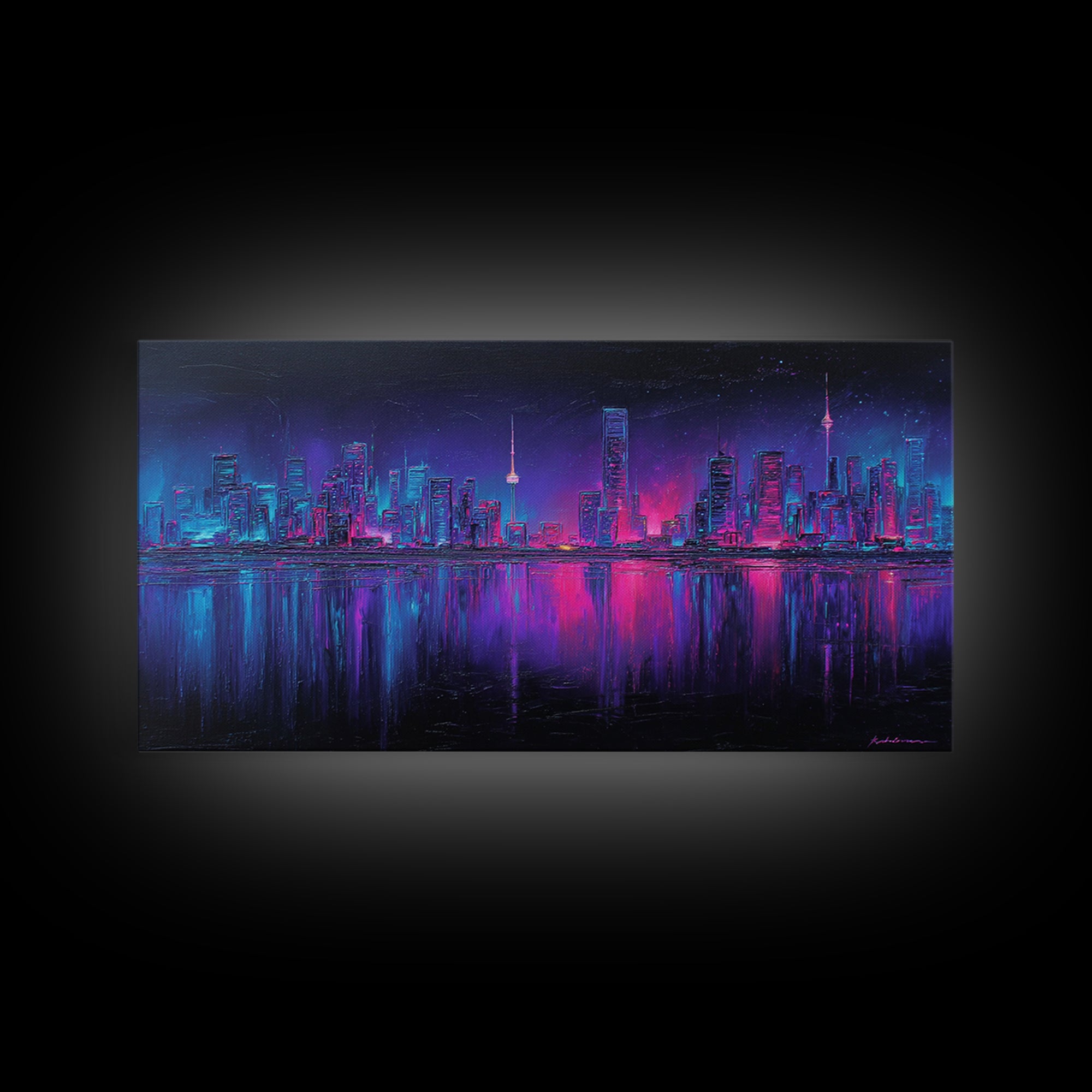 Neon Skyline Reflected Framed Canvas Print, Cyberpunk Art, Room Decor, Living Room Decor, Abstract Art, Neon 142, Cyberpunk, CYB-2x1-42
