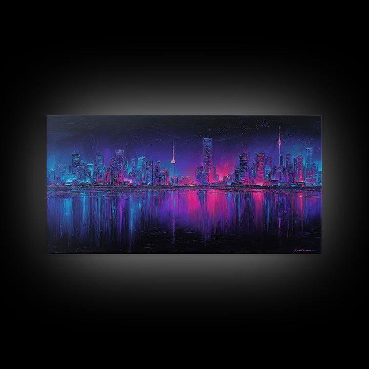 Neon Skyline Reflected Framed Canvas Print, Cyberpunk Art, Room Decor, Living Room Decor, Abstract Art, Neon 142, Cyberpunk, CYB-2x1-42
