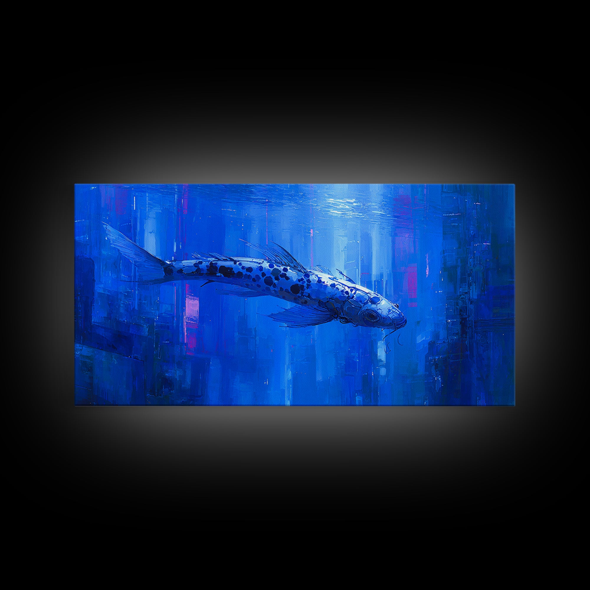Cyberpunk Koi Swimming Through Electric Blue Water Canvas Print, Cyberpunk Art, Japanese Wall Art, Living Room Decor, Neon, CYB-2x1-49