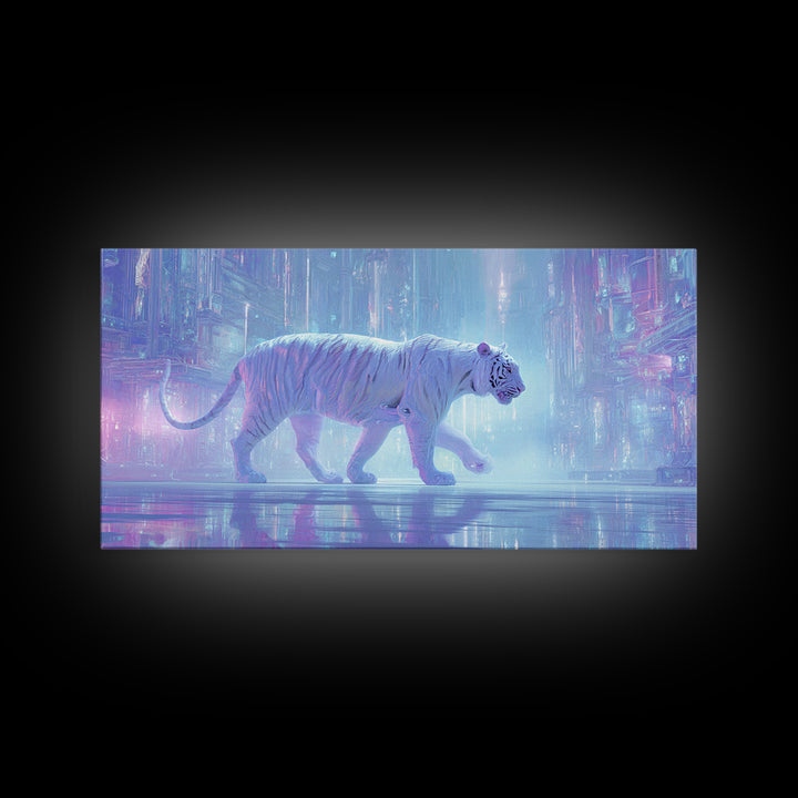 Neon Tiger Emerging from Digital Fog Framed Canvas Print, Cyberpunk Art, Digital Wall Art, Living Room Decor, Watercolor Art, CYB-2x1-5