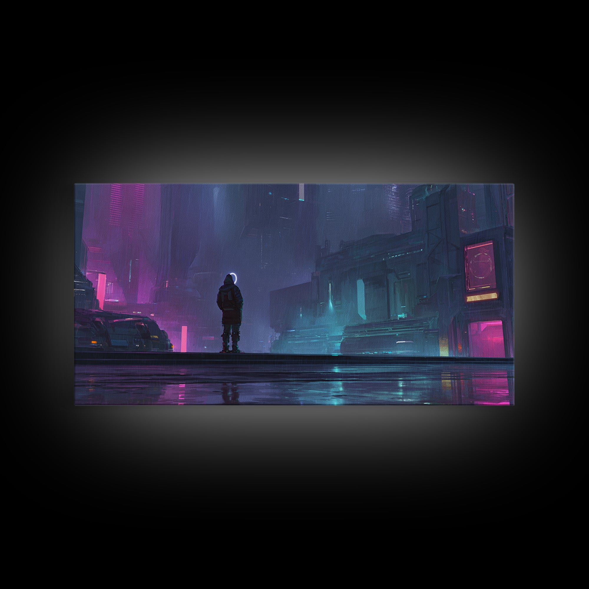 Masked Hacker Figure Framed Canvas Print, Cyberpunk Art, Wall Decor, Living Room Decor, Fine Art, Neon, Japanese Art, CYB-2x1-50