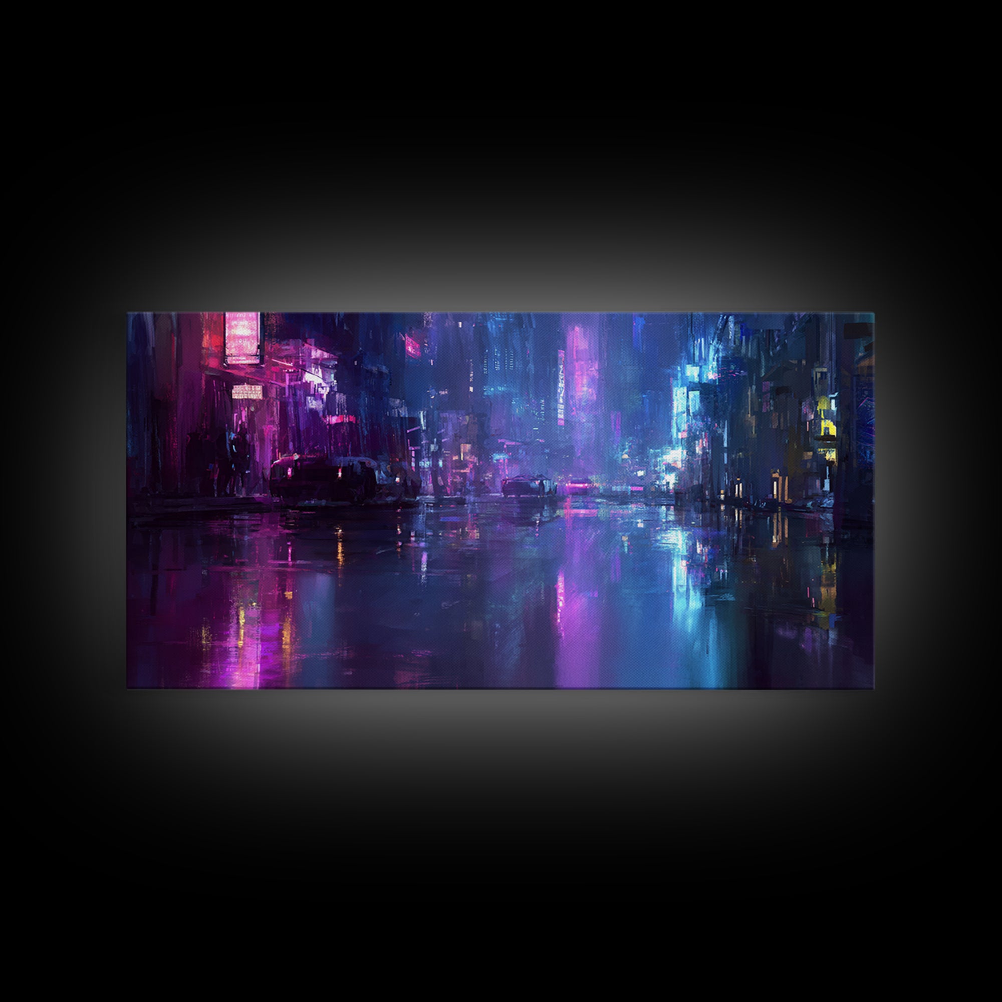 Rain Soaked Alley Canvas Print, Cyberpunk Art, Art Print, Living Room Decor, Abstract Art, Neon, Blue Wall Art, Cool Wall Art, CYB-2x1-52