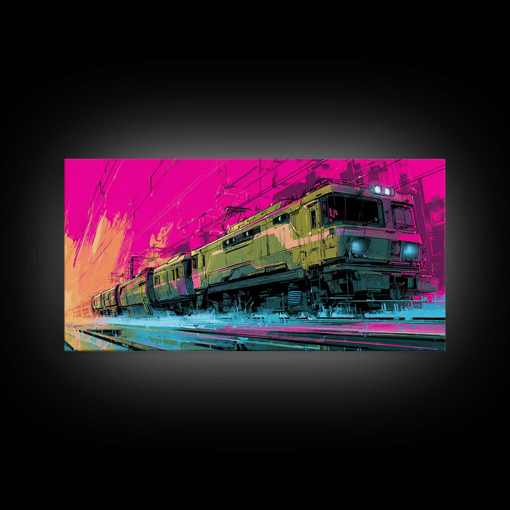 City Train Rushing Through Pink Electric Haze Canvas Print, Cyberpunk Art, Gothic Decor, Living Room Decor, Fine Art, Neon, CYB-2x1-57