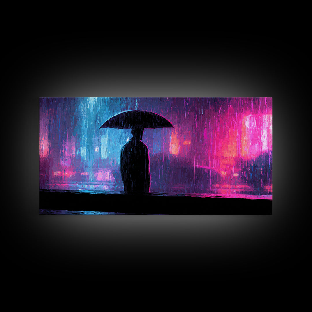 Glowing Umbrella Figure Framed Canvas Print, Cyberpunk Art, Cyberpunk Jacket, Living Room Decor, Fine Art, Neon, Boho Decor, CYB-2x1-59