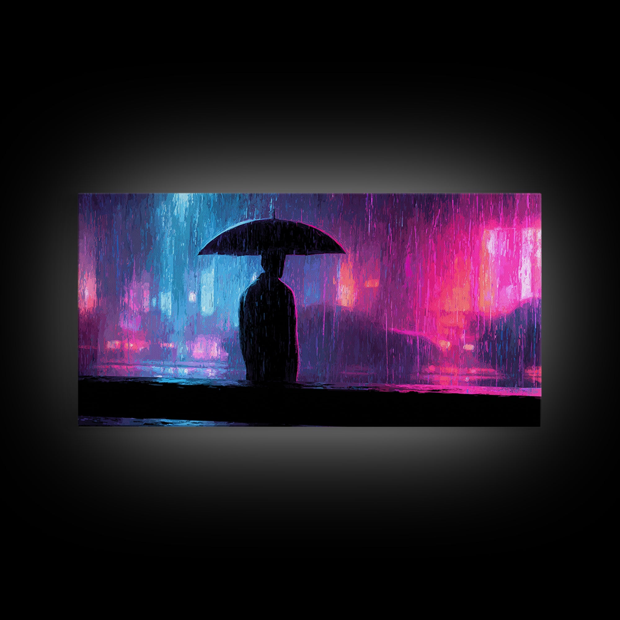 Glowing Umbrella Figure Framed Canvas Print, Cyberpunk Art, Cyberpunk Jacket, Living Room Decor, Fine Art, Neon, Boho Decor, CYB-2x1-59