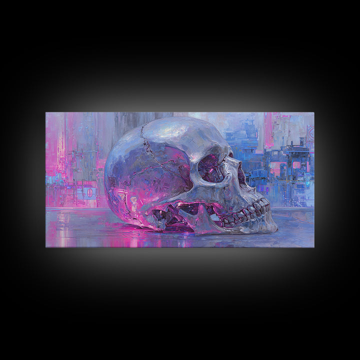 Cyberpunk Skull with Chrome and Violet Light Canvas Print, Cyberpunk Art, Cyberpunk 2077, Living Room Decor, Fine Art, Neon, CYB-2x1-64