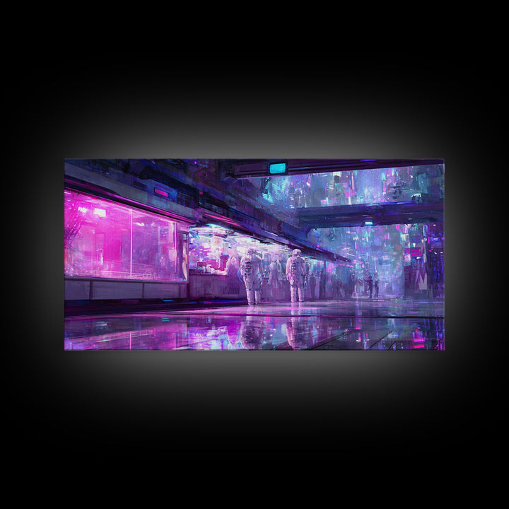 Astronaut Street Wanderer Framed Canvas Print, Cyberpunk Art, Gallery Decor, Living Room Decor, Fine Art, Neon, Wall Art, CYB-2x1-67