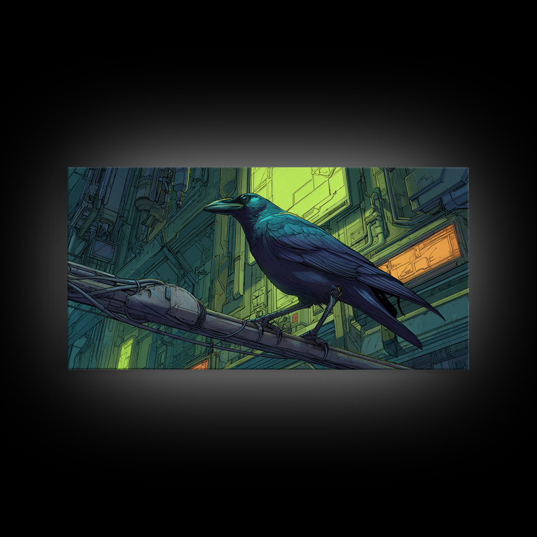 Cybernetic Raven Perched on a Cable Framed Canvas Print, Cyberpunk Art, Art Print, Living Room Decor, Fine Art, Neon, CYB-2x1-7