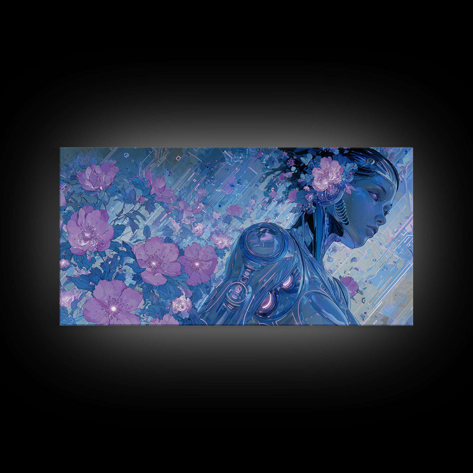 Android Woman with Glowing Circuitry and Flowers Canvas Print, Cyberpunk Art, Cyberpunk Helmet, Living Room Decor, Neon, CYB-2x1-71