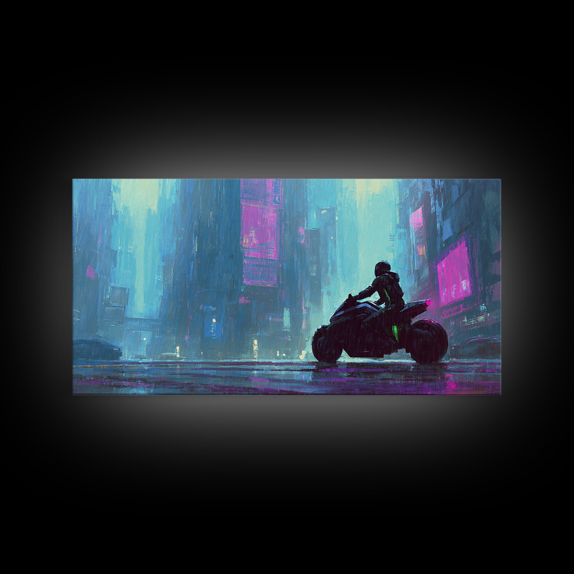Motorcycle Rider under Holographic Signs Framed Canvas Print, Cyberpunk Art, Gothic Decor, Living Room Decor, Fine Art, Neon, CYB-2x1-72