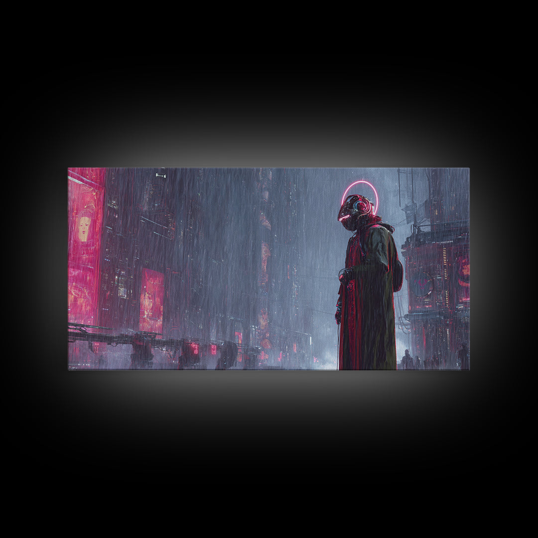 Masked Hacker Figure Canvas Print, Cyberpunk Art, Digital Wall Art, Living Room Decor, Fine Art, Neon, Man Cave Decor, CYB-2x1-74