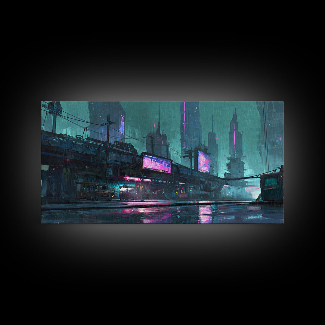 Retro Arcade Dystopia Canvas Print, Cyberpunk Art, Cyberpunk, Living Room Decor, Fine Art, Neon, Modern Art, Blue Wall Art, CYB-2x1-78
