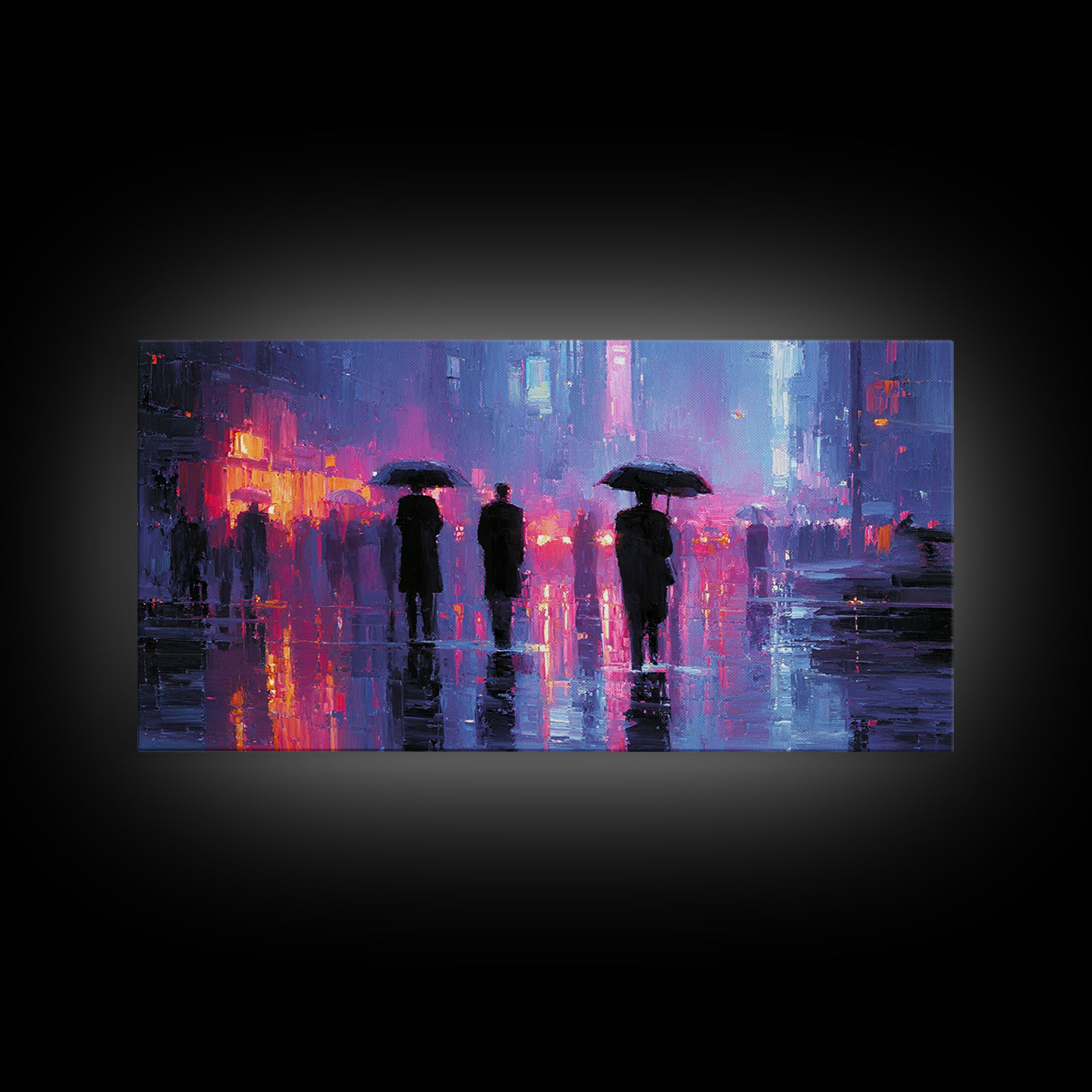 Glowing Umbrella Figure Framed Canvas Print, Cyberpunk Art, Wall Decor, Living Room Decor, Fine Art, Neon, Japanese Art, CYB-2x1-83