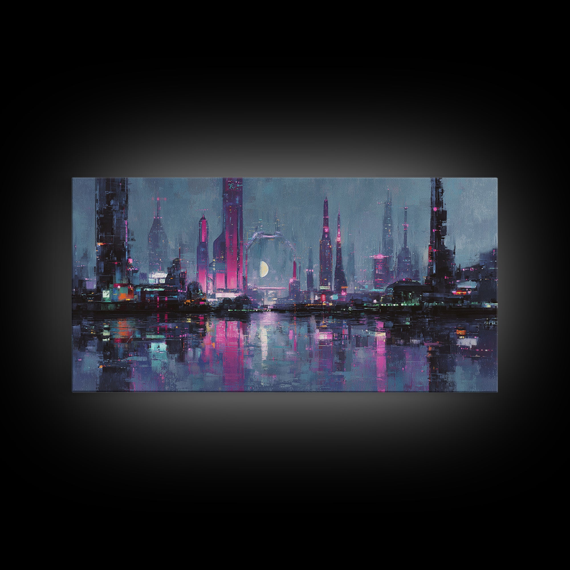 Dystopian Moon over Dense Rooftops Framed Canvas Print, Cyberpunk Art, Digital Art, Living Room Decor, Fine Art, Neon, CYB-2x1-86