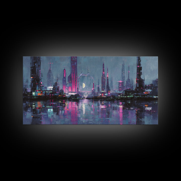 Dystopian Moon over Dense Rooftops Framed Canvas Print, Cyberpunk Art, Digital Art, Living Room Decor, Fine Art, Neon, CYB-2x1-86