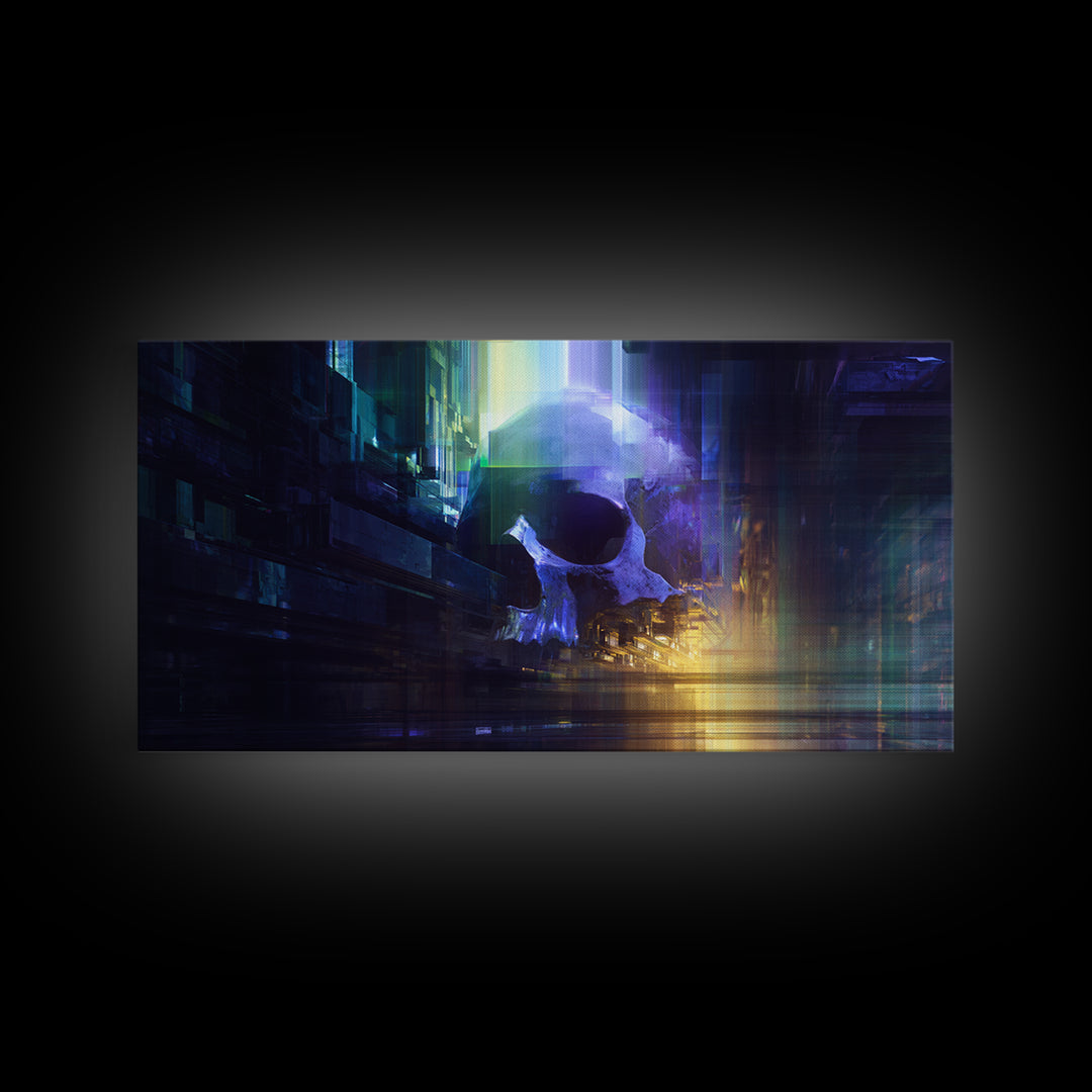 Cyberpunk Skull with Chrome and Violet Light Framed Canvas Print, Cyberpunk Art, Japanese Wall Art, Living Room Decor, Neon, CYB-2x1-88