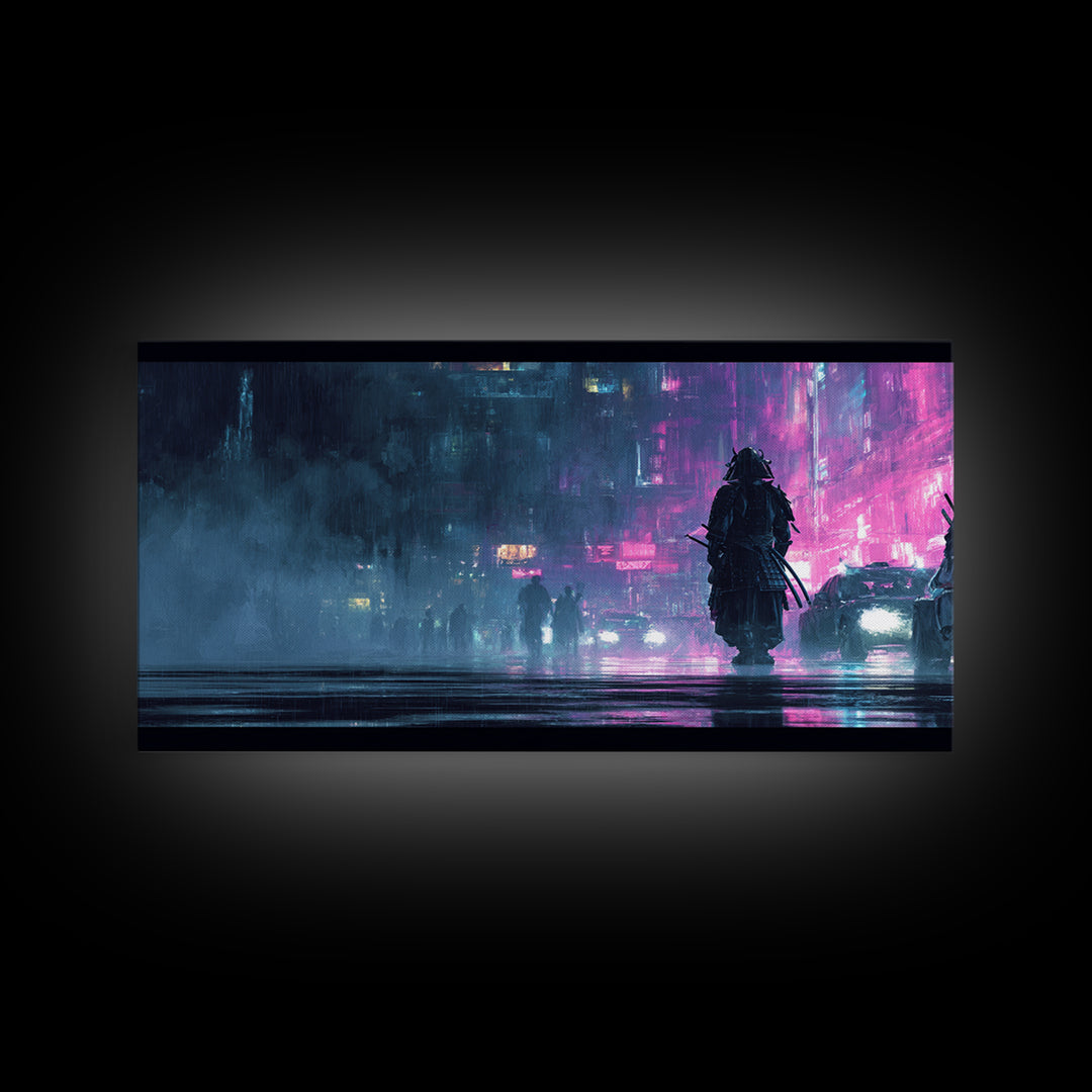 Neon Samurai Portrait Canvas Print, Cyberpunk Art, Cool Wall Art, Living Room Decor, Neon, Gallery Decor, Neutral Decor, CYB-2x1-93