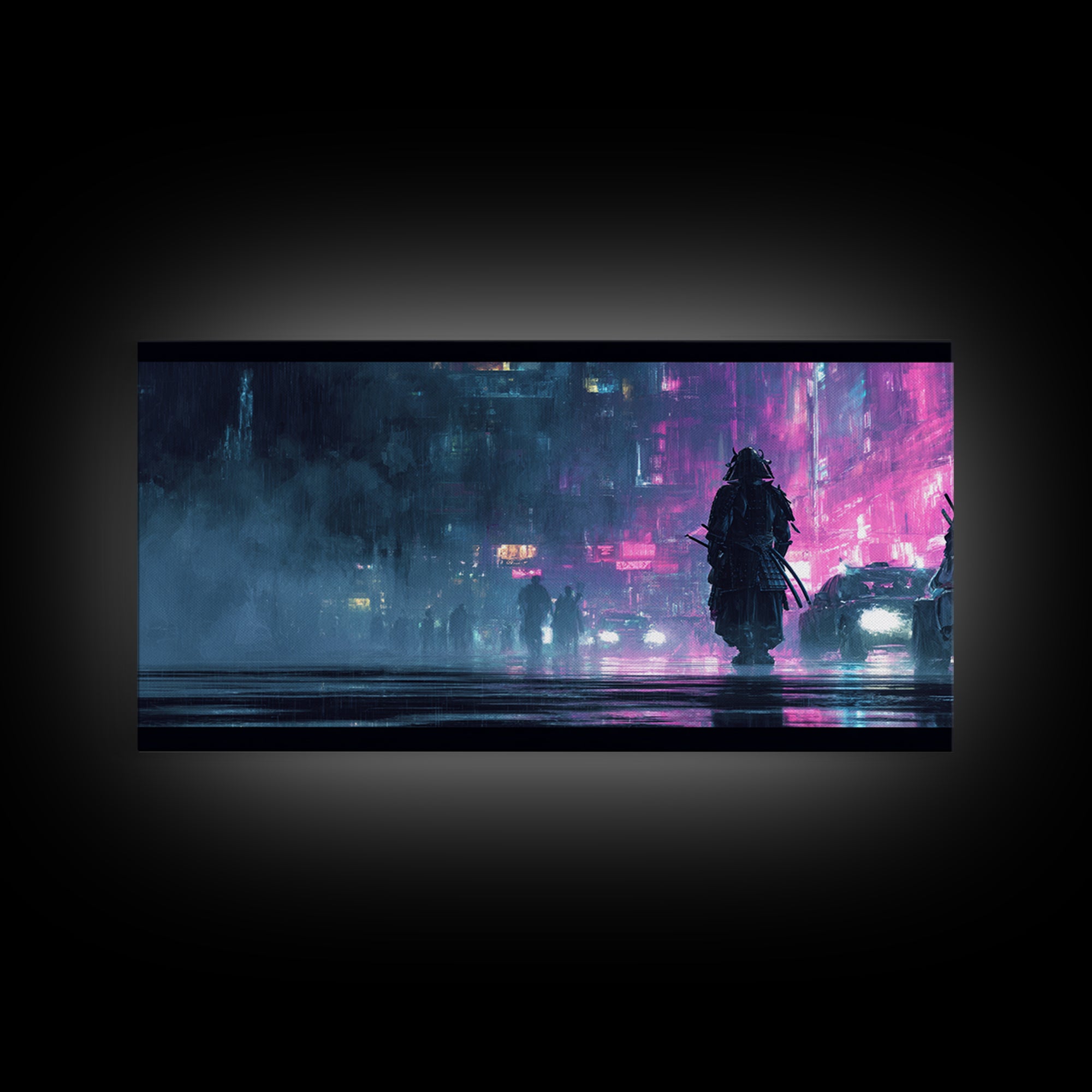 Neon Samurai Portrait Canvas Print, Cyberpunk Art, Cool Wall Art, Living Room Decor, Neon, Gallery Decor, Neutral Decor, CYB-2x1-93