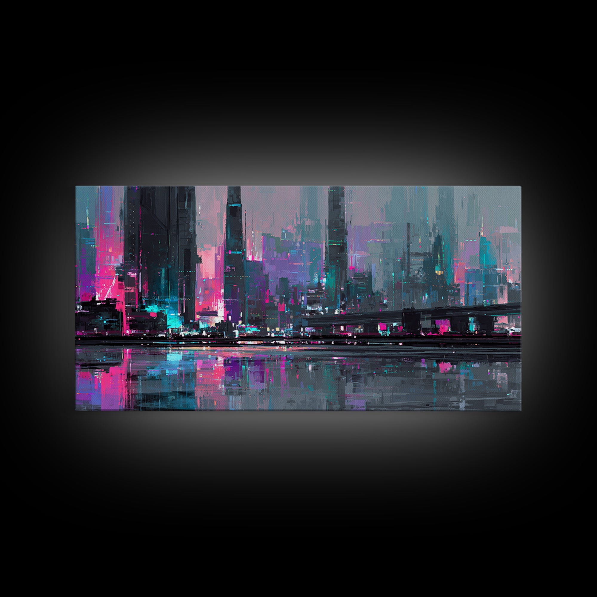 Futuristic City Skyline Canvas Print, Cyberpunk Art, Cyberpunk 2077, Living Room Decor, Fine Art, Neon, Cyberpunk Decor, CYB-2x1-94