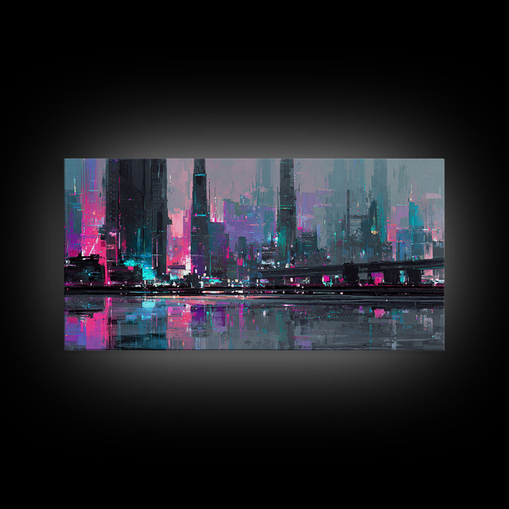 Futuristic City Skyline Canvas Print, Cyberpunk Art, Cyberpunk 2077, Living Room Decor, Fine Art, Neon, Cyberpunk Decor, CYB-2x1-94