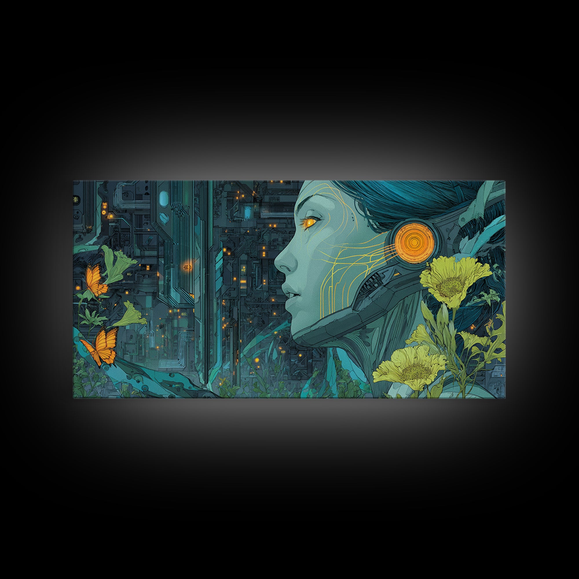 Android Woman with Glowing Circuitry and Flowers Canvas Print, Cyberpunk Art, Neutral Decor, Living Room Decor, Neon, CYB-2x1-95