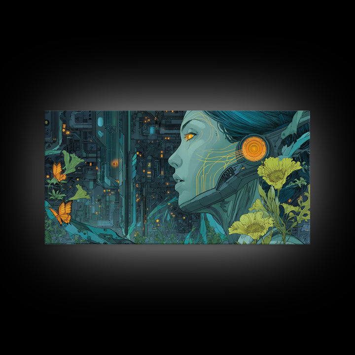 Android Woman with Glowing Circuitry and Flowers Canvas Print, Cyberpunk Art, Neutral Decor, Living Room Decor, Neon, CYB-2x1-95
