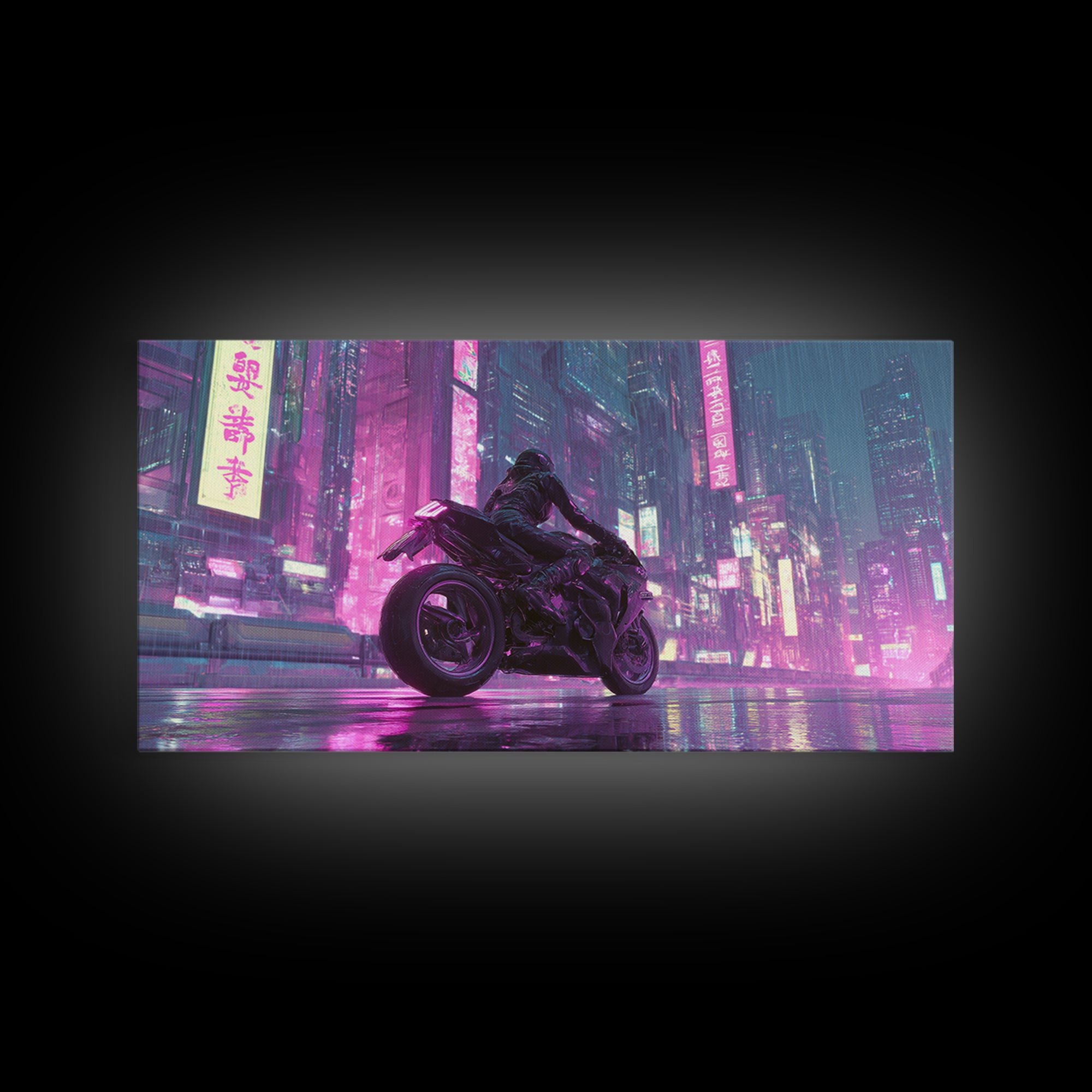 Motorcycle Rider under Holographic Signs Framed Canvas Print, Cyberpunk Art, Man Cave Decor, Living Room Decor, Fine Art, Neon, CYB-2x1-96