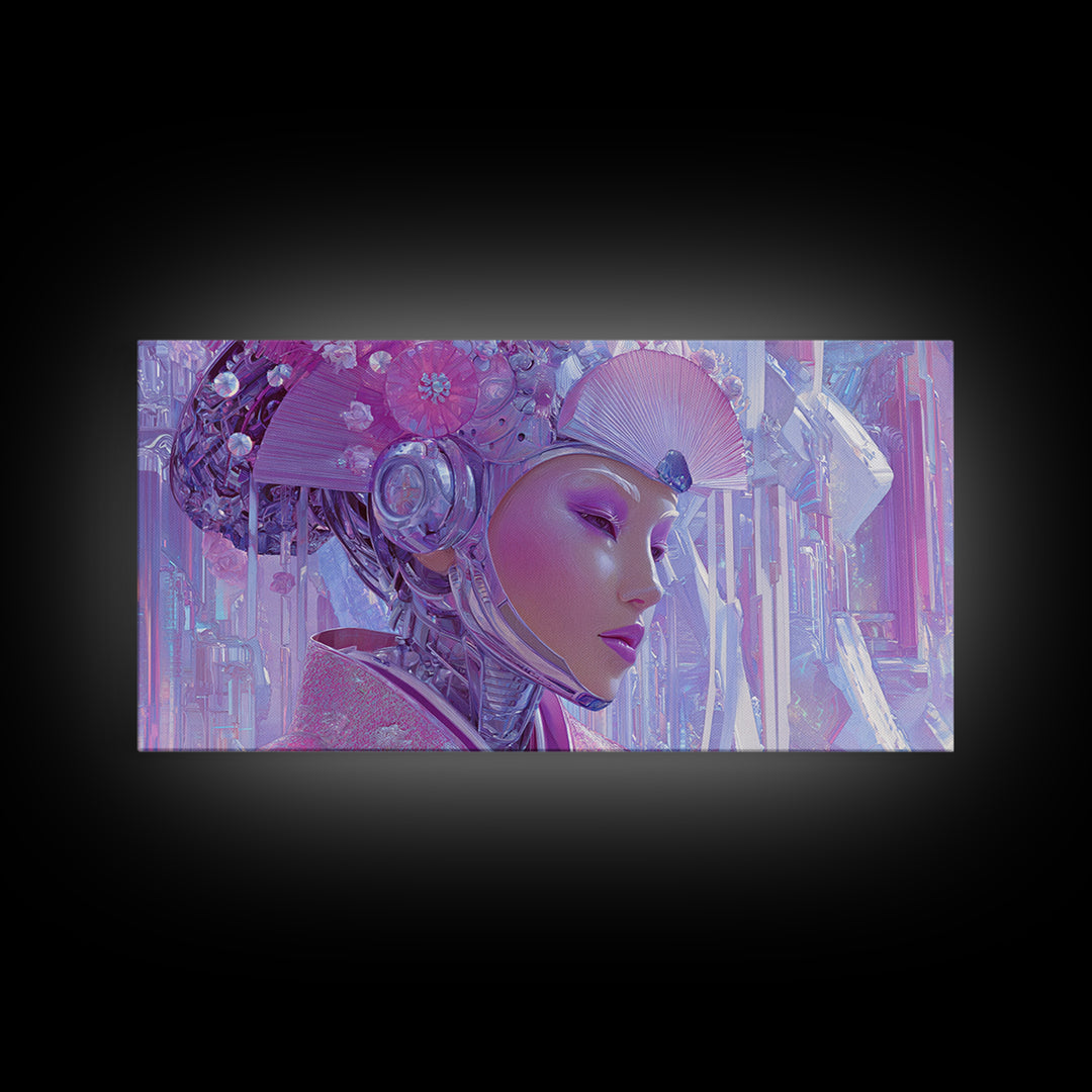 Robot Geisha Portrait Framed Canvas Print, Cyberpunk Art, Cool Wall Art, Living Room Decor, Fine Art, Neon, Gallery Decor, CYB-2x1-99