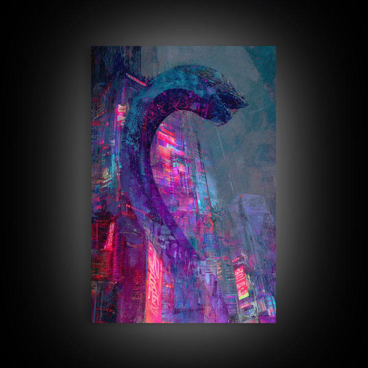 Neon Dragon Wrapped Around Skyscraper Shapes Framed Canvas Print, Cyberpunk Art, Poster, Living Room Decor, Fine Art, Neon, CYB-2x3-22