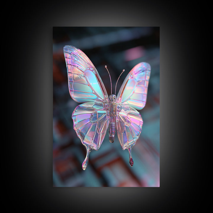 Holographic Butterfly over Black Metal Surface Canvas Print, Cyberpunk Art, Home Decor, Living Room Decor, Fine Art, Neon, CYB-2x3-27