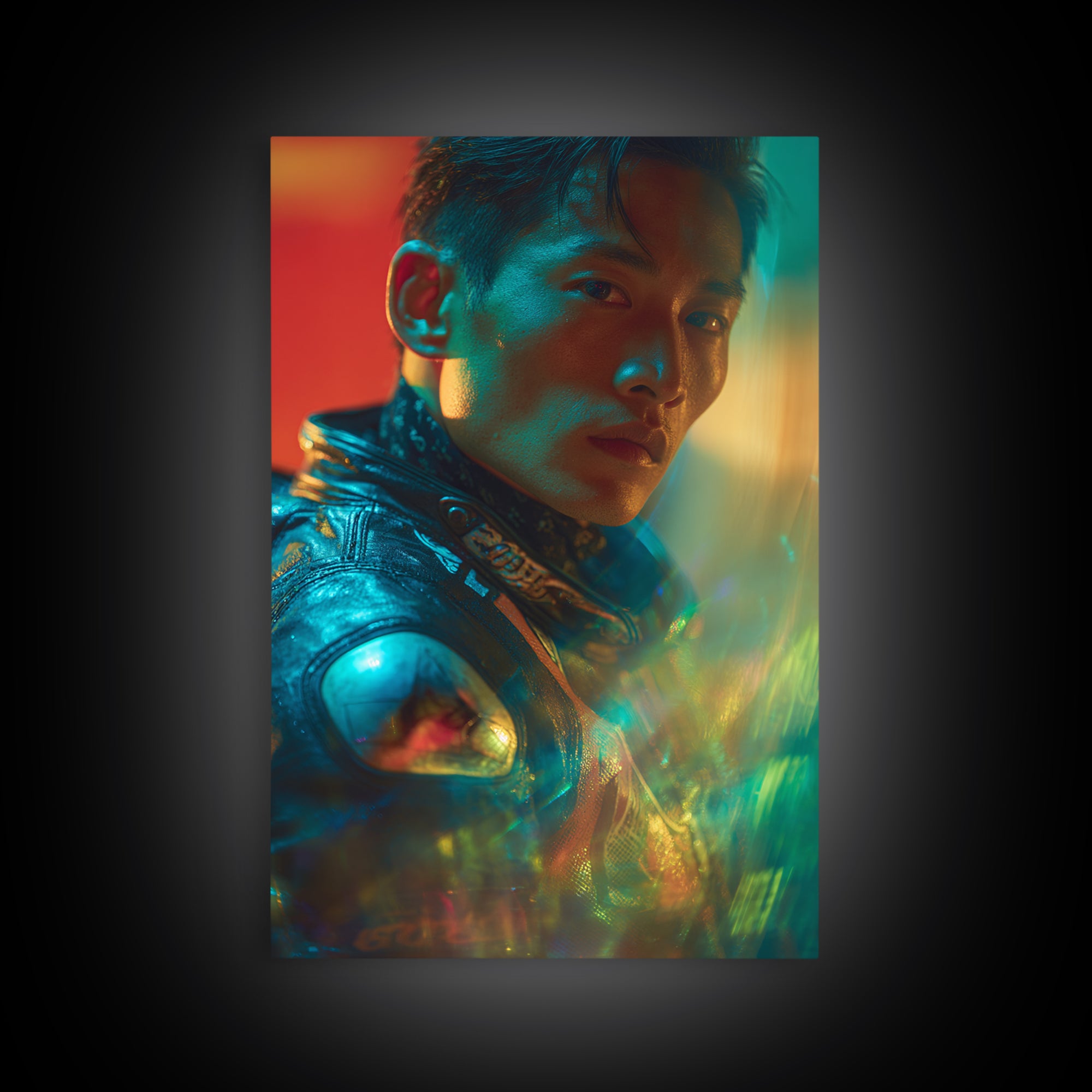 Motorcycle Rider under Holographic Signs Framed Canvas Print, Cyberpunk Art, Modern Wall Decor, Living Room Decor, Neon, CYB-2x3-36