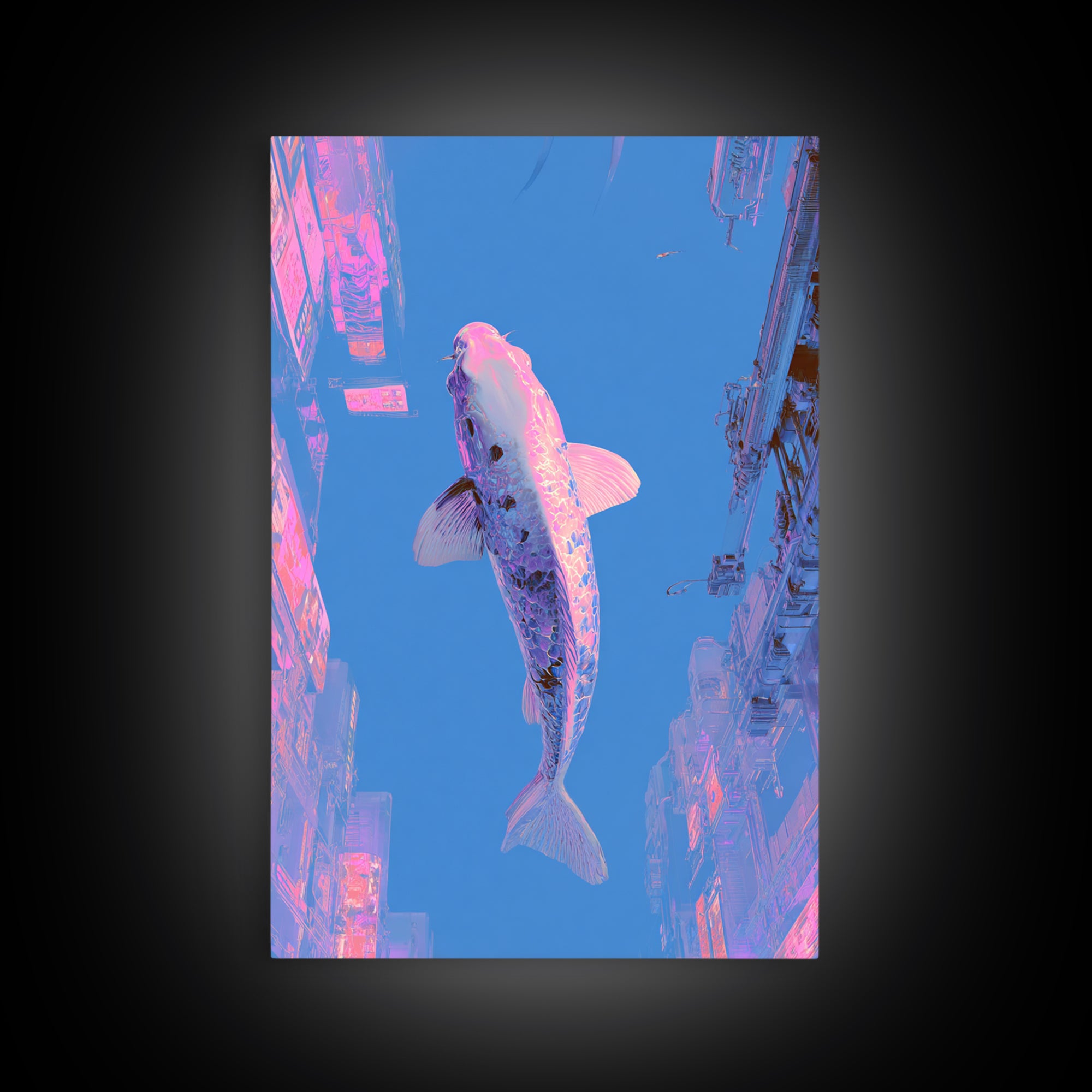 Cyberpunk Koi Swimming Through Electric Blue Water Framed Canvas Print, Cyberpunk Art, Movie Posters, Living Room Decor, Neon, CYB-2x3-37