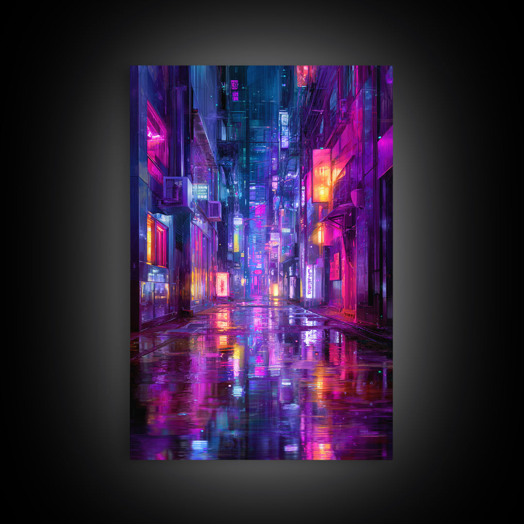 Rain Soaked Alley Canvas Print, Cyberpunk Art, Contemporary Art, Living Room Decor, Abstract Art, Neon, Canvas Wall Art, CYB-2x3-40
