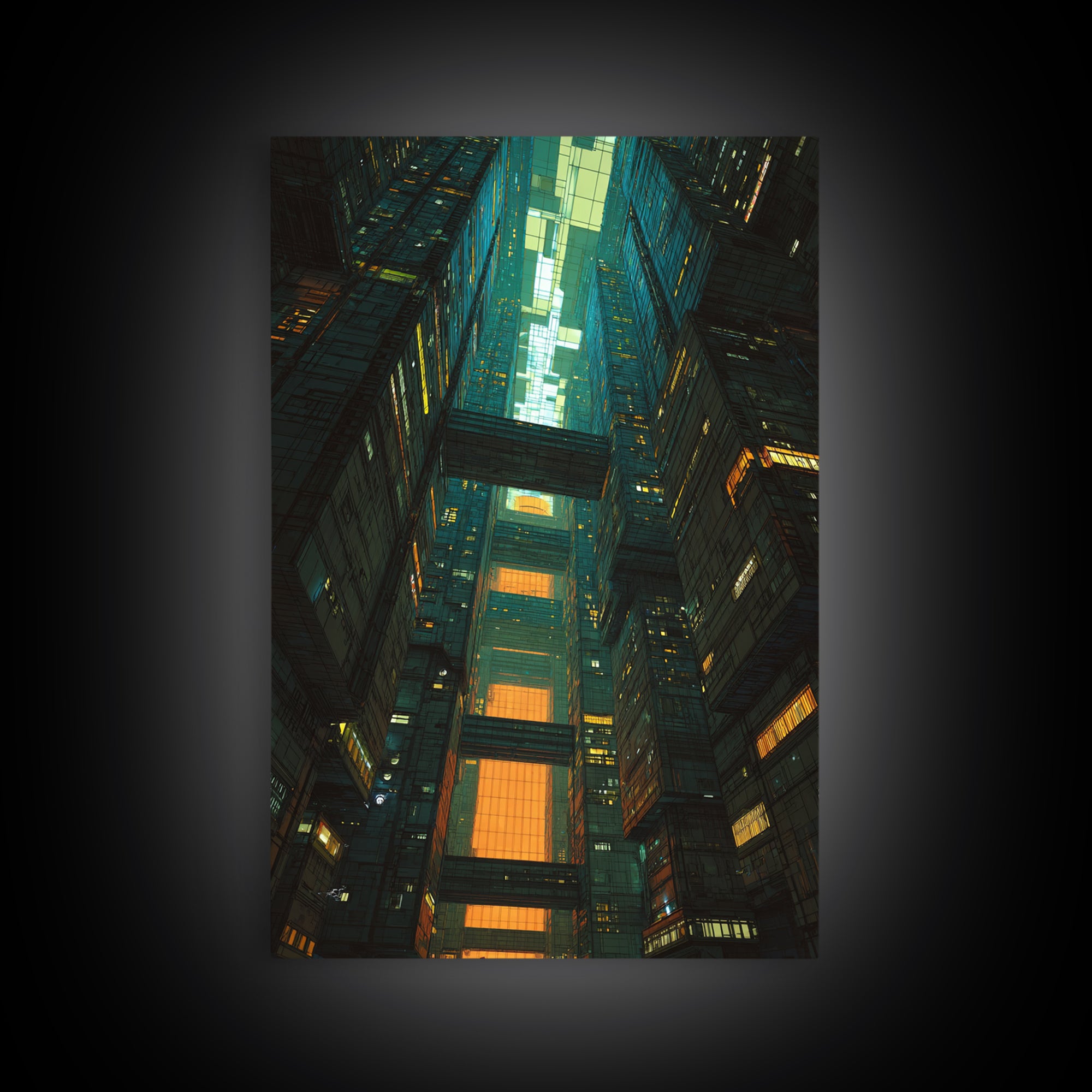 Retro Arcade Dystopia Framed Canvas Print, Cyberpunk Art, Living Room Decor, Watercolor Art, Neon, Japanese Wall Art, CYB-2x3-42