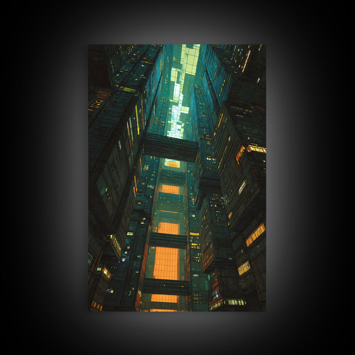Retro Arcade Dystopia Framed Canvas Print, Cyberpunk Art, Living Room Decor, Watercolor Art, Neon, Japanese Wall Art, CYB-2x3-42
