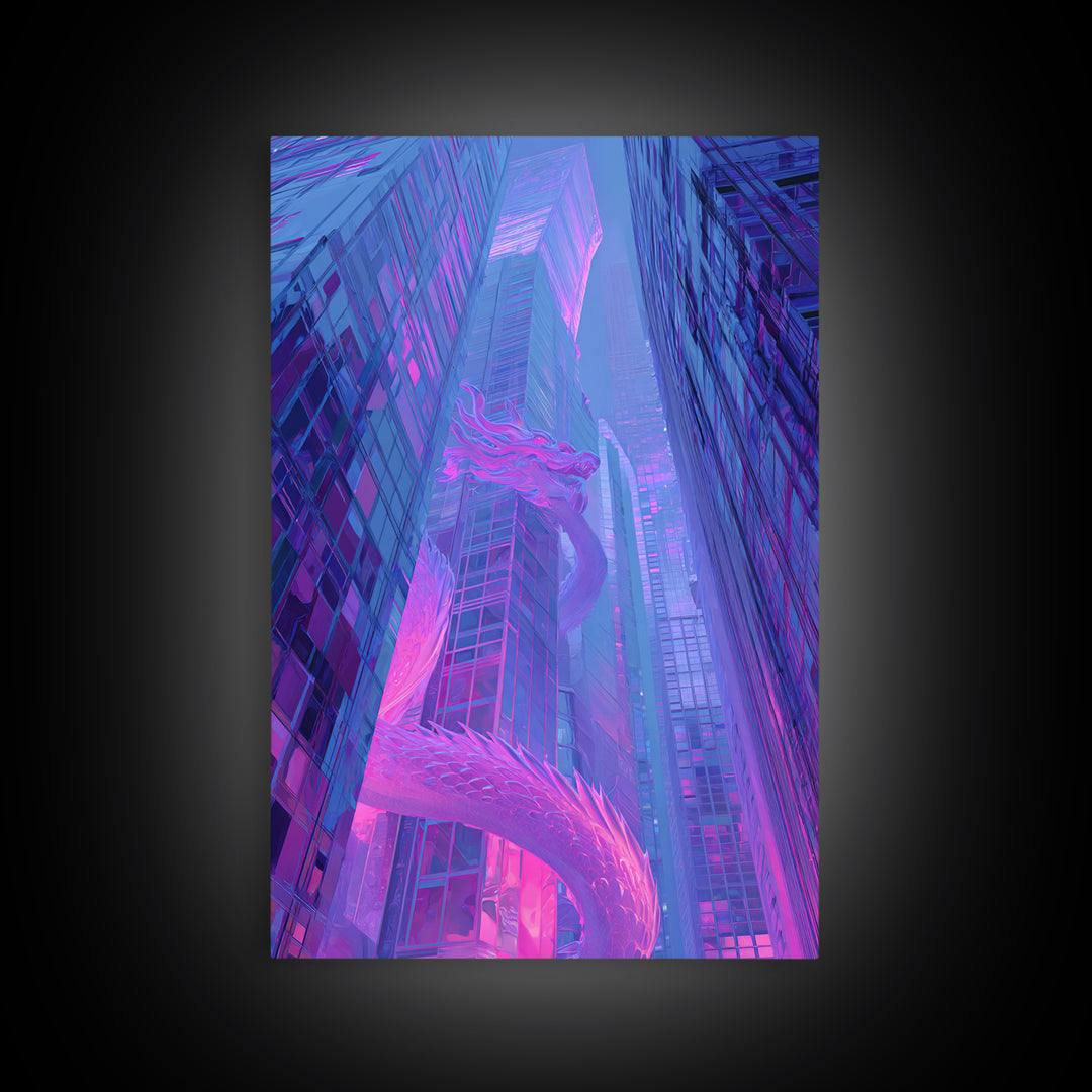Neon Dragon Wrapped Around Skyscraper Shapes Framed Canvas Print, Cyberpunk Art, Poster, Living Room Decor, Fine Art, Neon, CYB-2x3-46