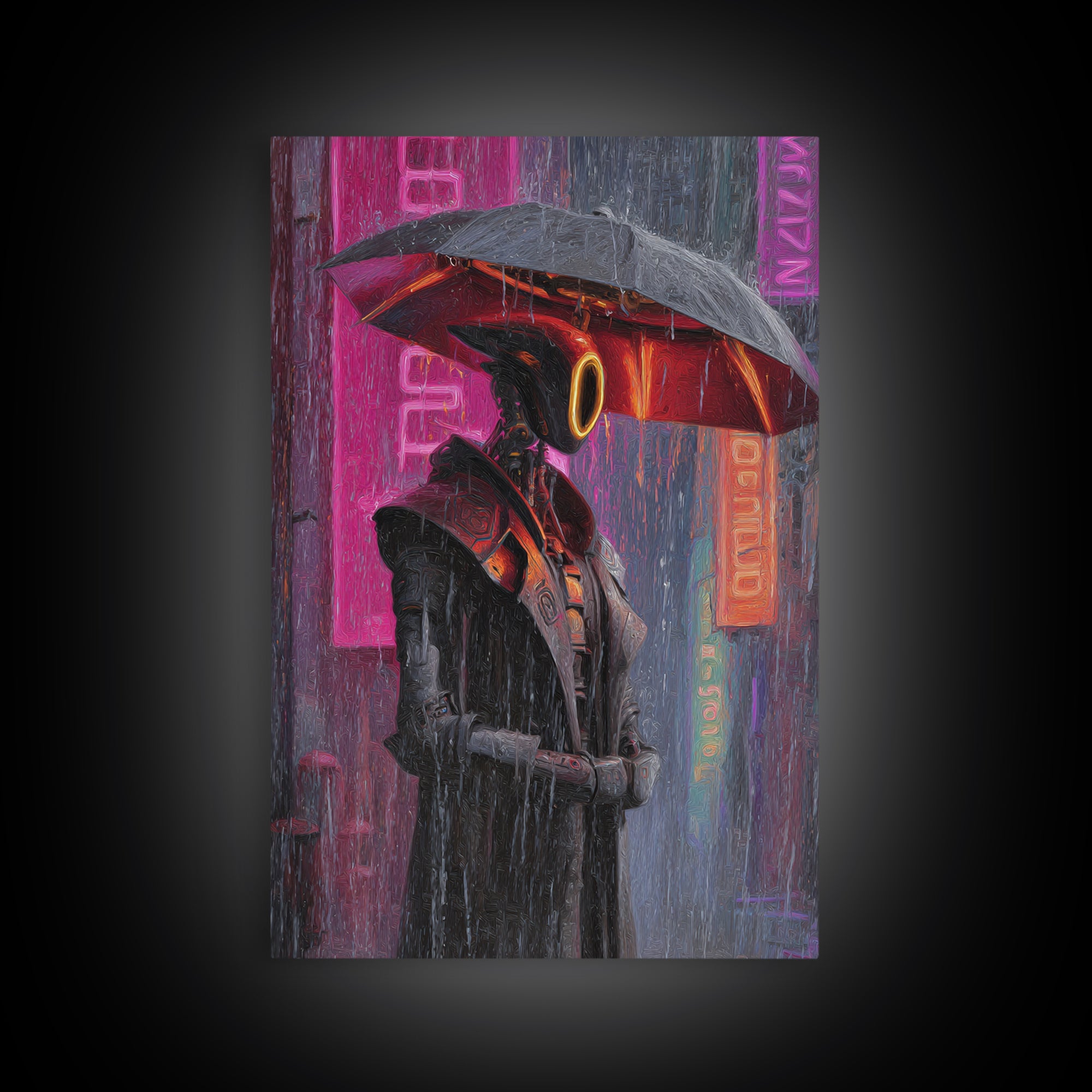 Glowing Umbrella Figure Framed Canvas Print, Cyberpunk Art, Canvas Wall Art, Living Room Decor, Fine Art, Neon, Space Art, CYB-2x3-47