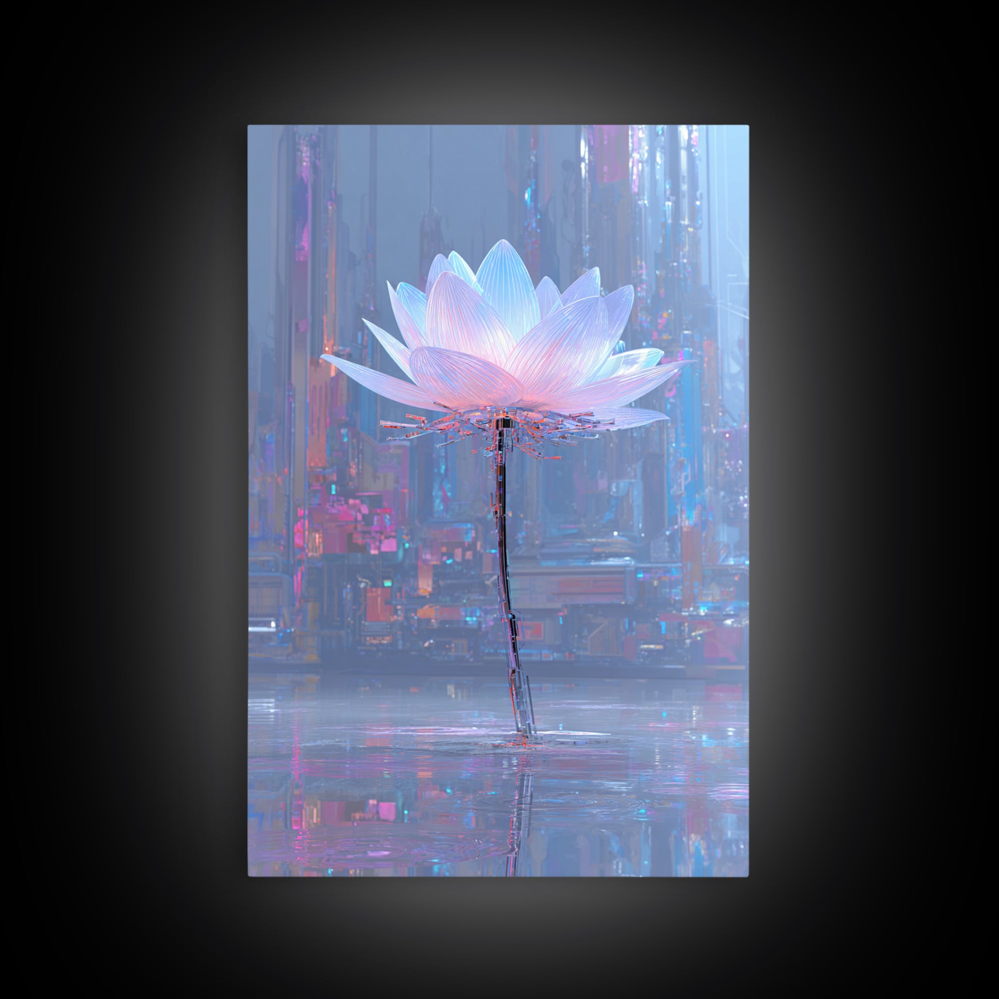 Electric Lotus Flower Canvas Print, Cyberpunk Art, Japanese Wall Art, Living Room Decor, Watercolor Art, Neon, Cyberpunk Helmet, CYB-2x3-49