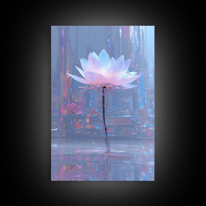 Electric Lotus Flower Canvas Print, Cyberpunk Art, Japanese Wall Art, Living Room Decor, Watercolor Art, Neon, Cyberpunk Helmet, CYB-2x3-49