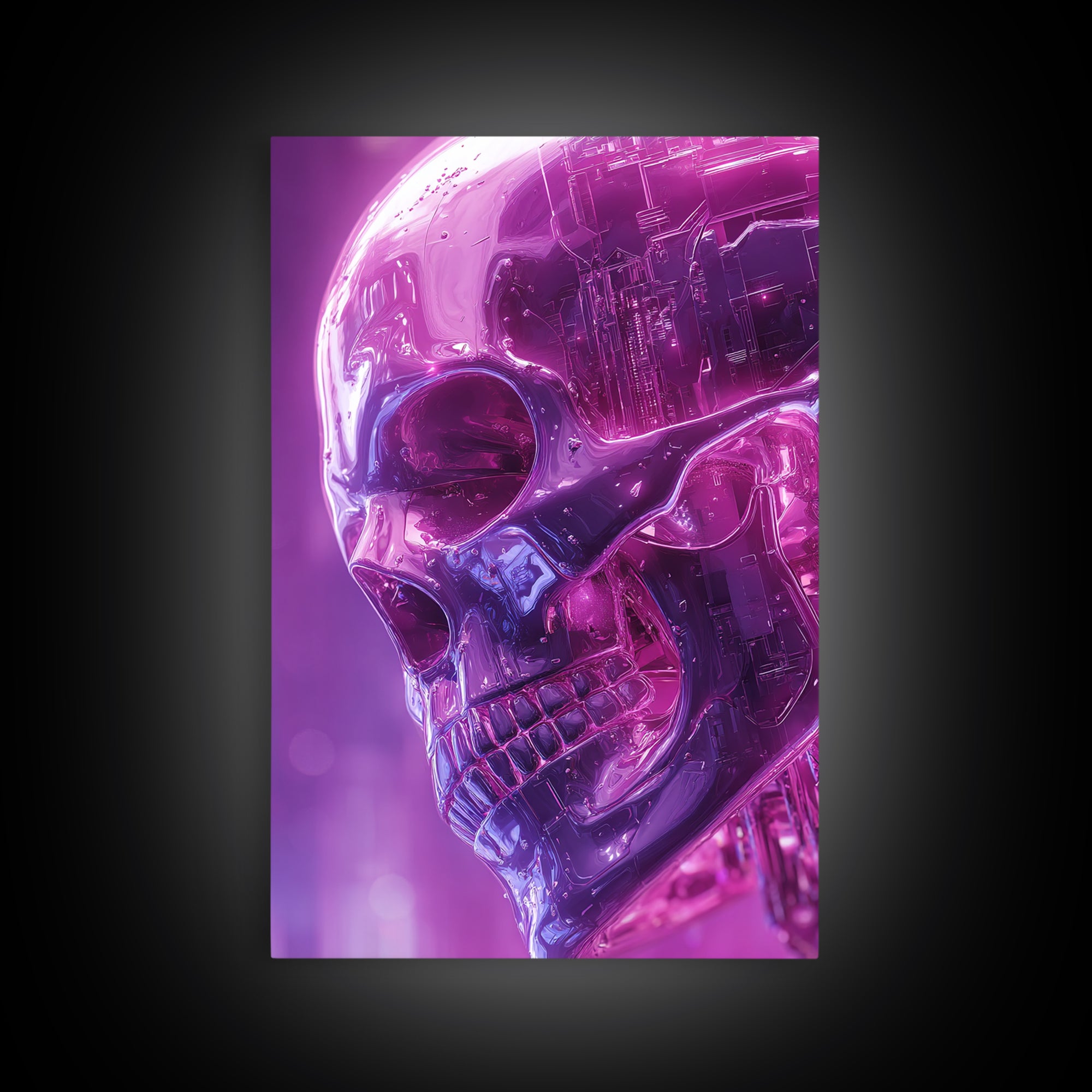 Cyberpunk Skull with Chrome and Violet Light Framed Canvas Print, Cyberpunk Art, Poster, Living Room Decor, Fine Art, Neon, CYB-2x3-52