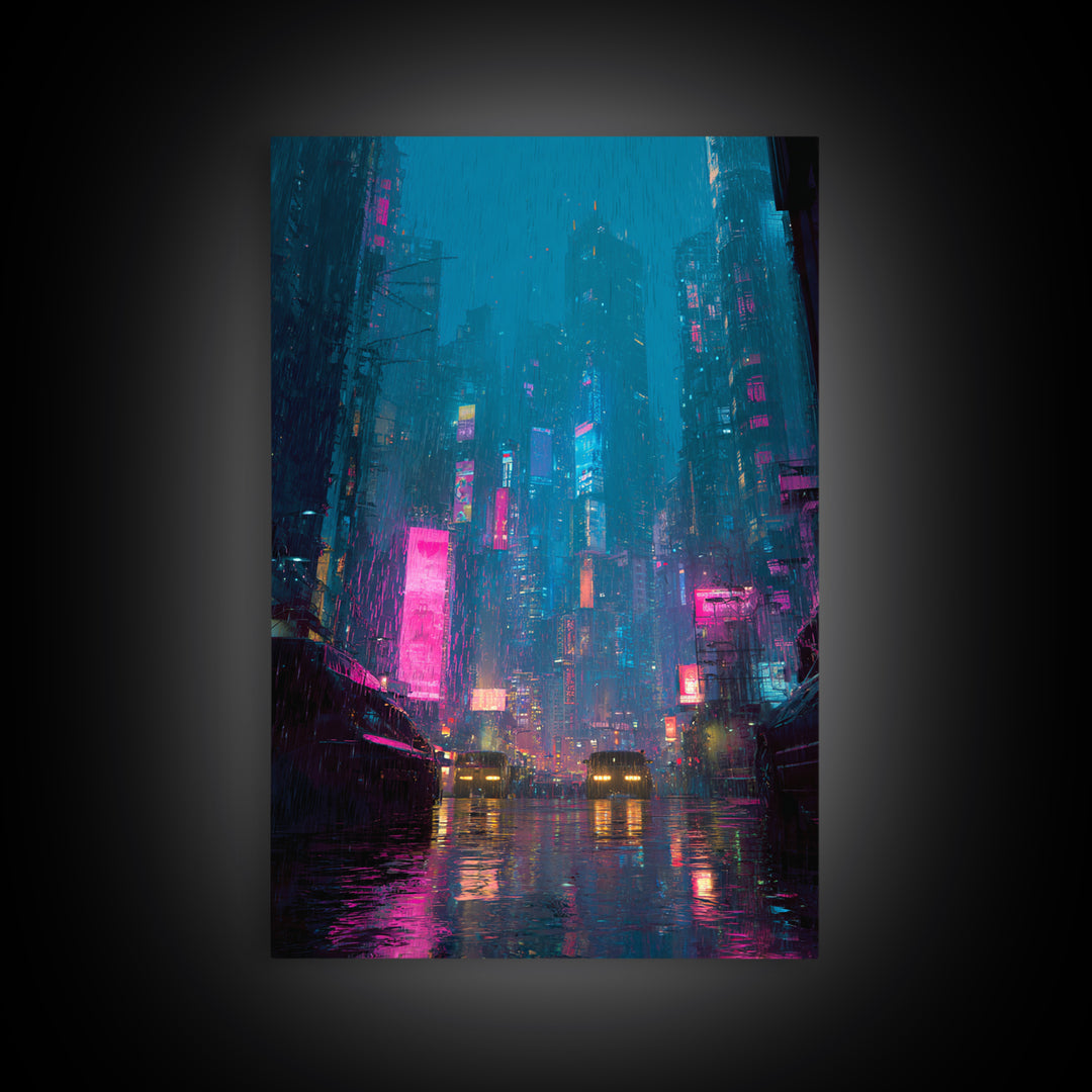 Futuristic City Skyline Canvas Print, Cyberpunk Art, Movie Posters, Living Room Decor, Abstract Art, Neon, Cyberpunk Jacket, CYB-2x3-58