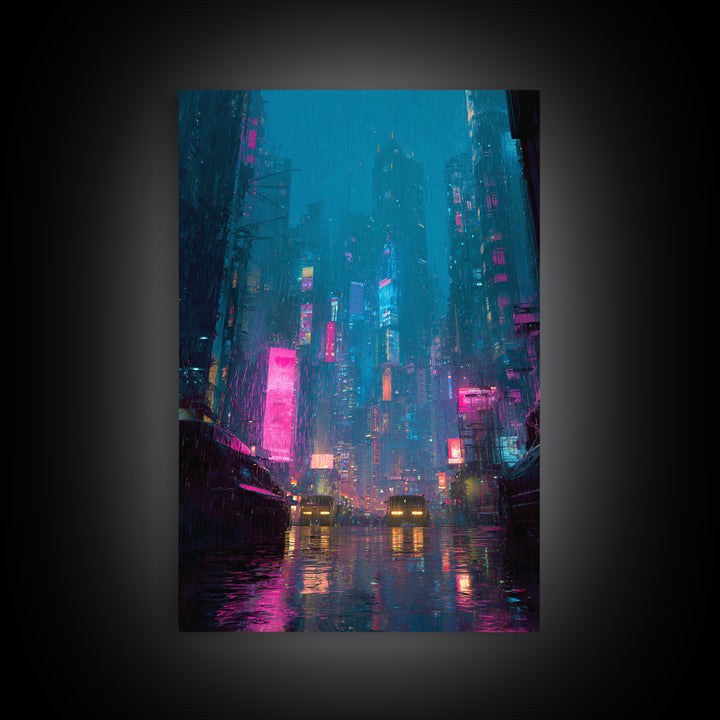 Futuristic City Skyline Canvas Print, Cyberpunk Art, Movie Posters, Living Room Decor, Abstract Art, Neon, Cyberpunk Jacket, CYB-2x3-58
