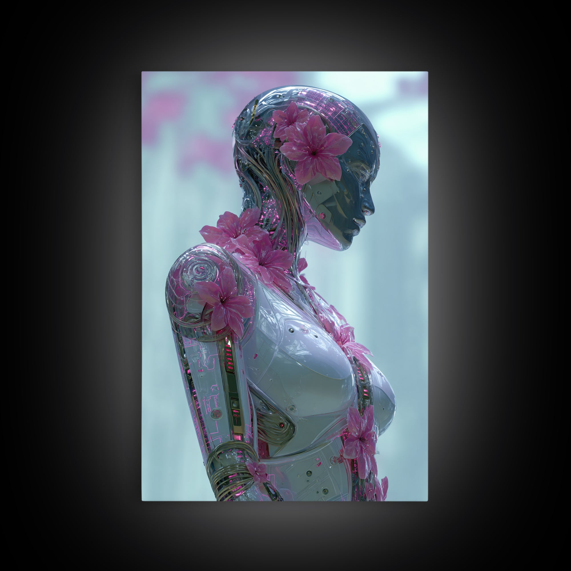 Android Woman with Glowing Circuitry and Flowers Canvas Print, Cyberpunk Art, Modern Wall Art, Living Room Decor, Neon, CYB-2x3-59