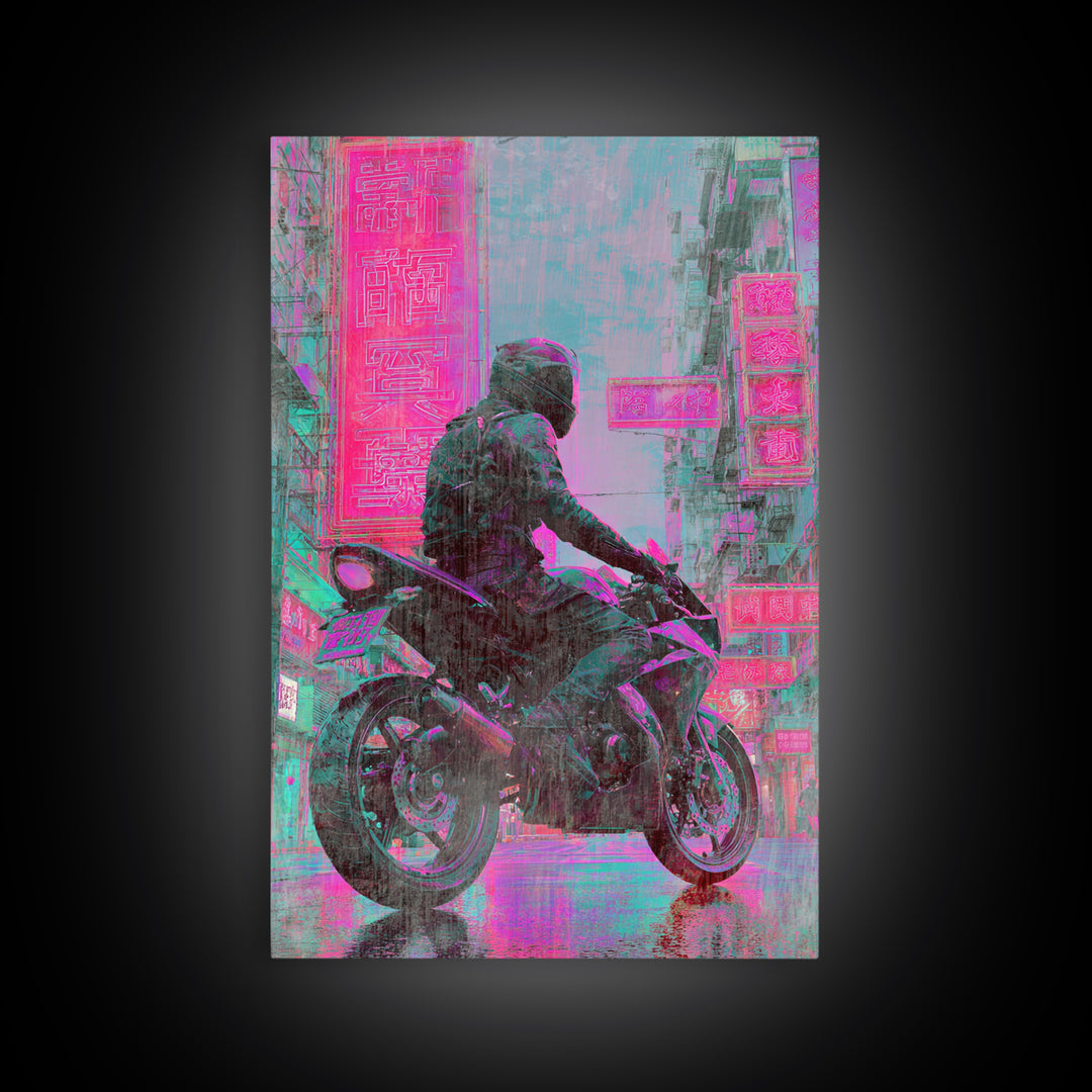 Motorcycle Rider under Holographic Signs Framed Canvas Print, Cyberpunk Art, Gothic Decor, Living Room Decor, Fine Art, Neon, CYB-2x3-60