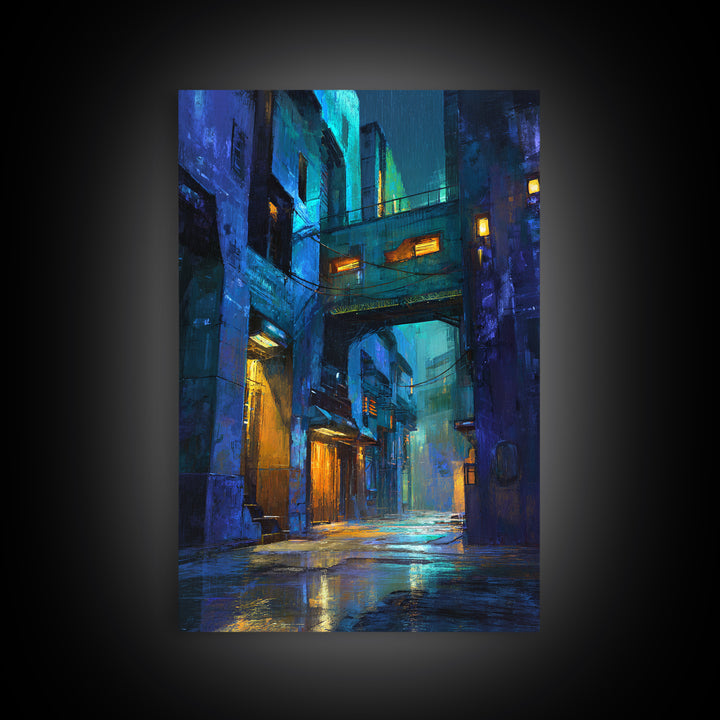 Rain Soaked Alley Framed Canvas Print, Cyberpunk Art, Art Print, Living Room Decor, Abstract Art, Neon, Blue Wall Art, CYB-2x3-64