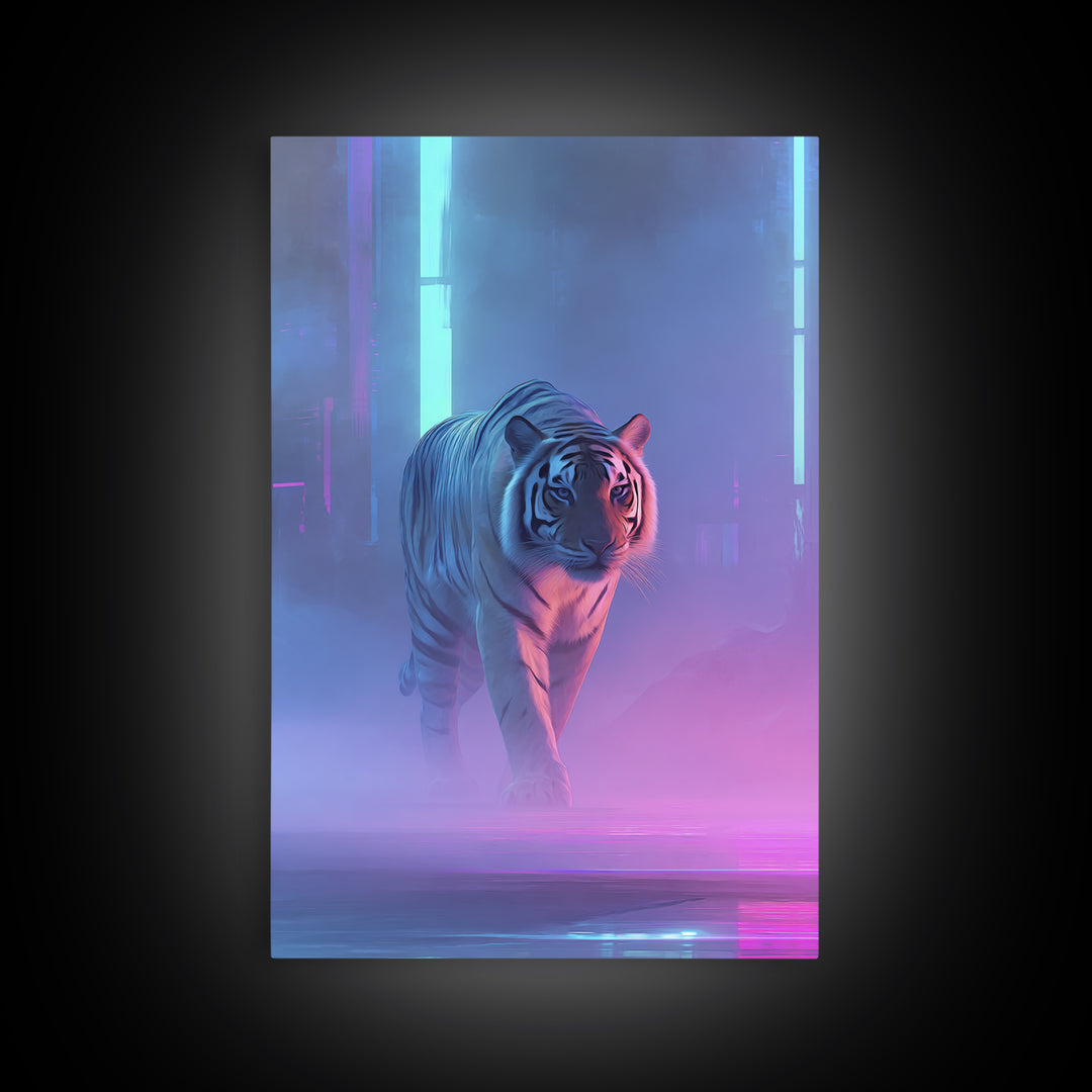 Neon Tiger Emerging from Digital Fog Canvas Print, Cyberpunk Art, Blue Wall Art, Living Room Decor, Neon, Modern Wall Decor, CYB-2x3-65