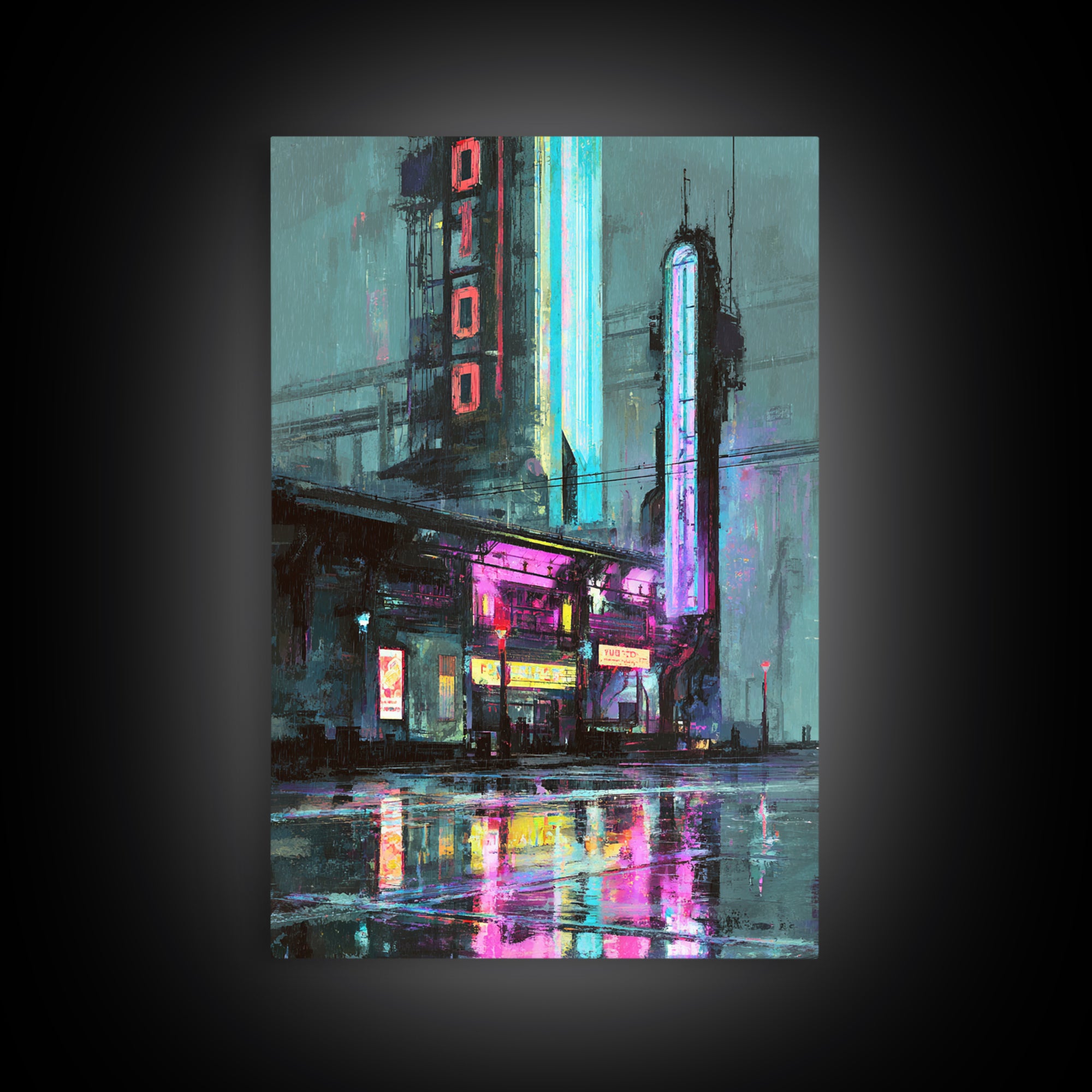 Retro Arcade Dystopia Canvas Print, Cyberpunk Art, Living Room Decor, Oil Painting, Neon, Digital Download Art, CYB-2x3-66