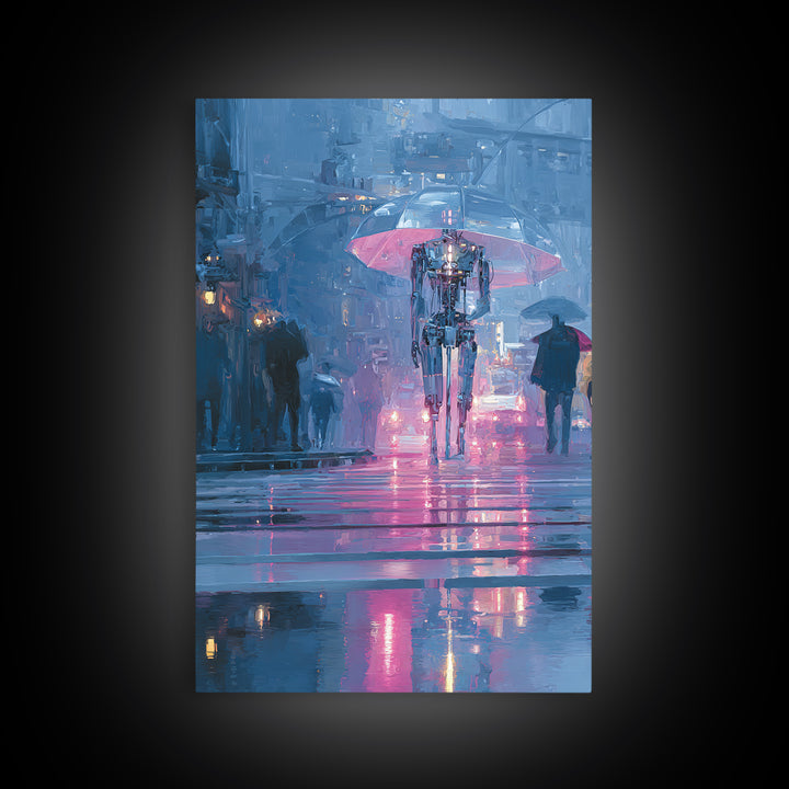 Glowing Umbrella Figure Canvas Print, Cyberpunk Art, Blue Wall Art, Living Room Decor, Fine Art, Neon, Modern Wall Decor, CYB-2x3-71