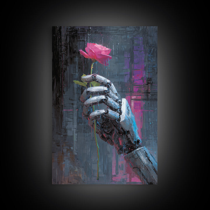 Robotic Hand Holding a Real Rose Canvas Print, Cyberpunk Art, Printable Wall Art, Living Room Decor, Oil Painting, Neon, CYB-2x3-72