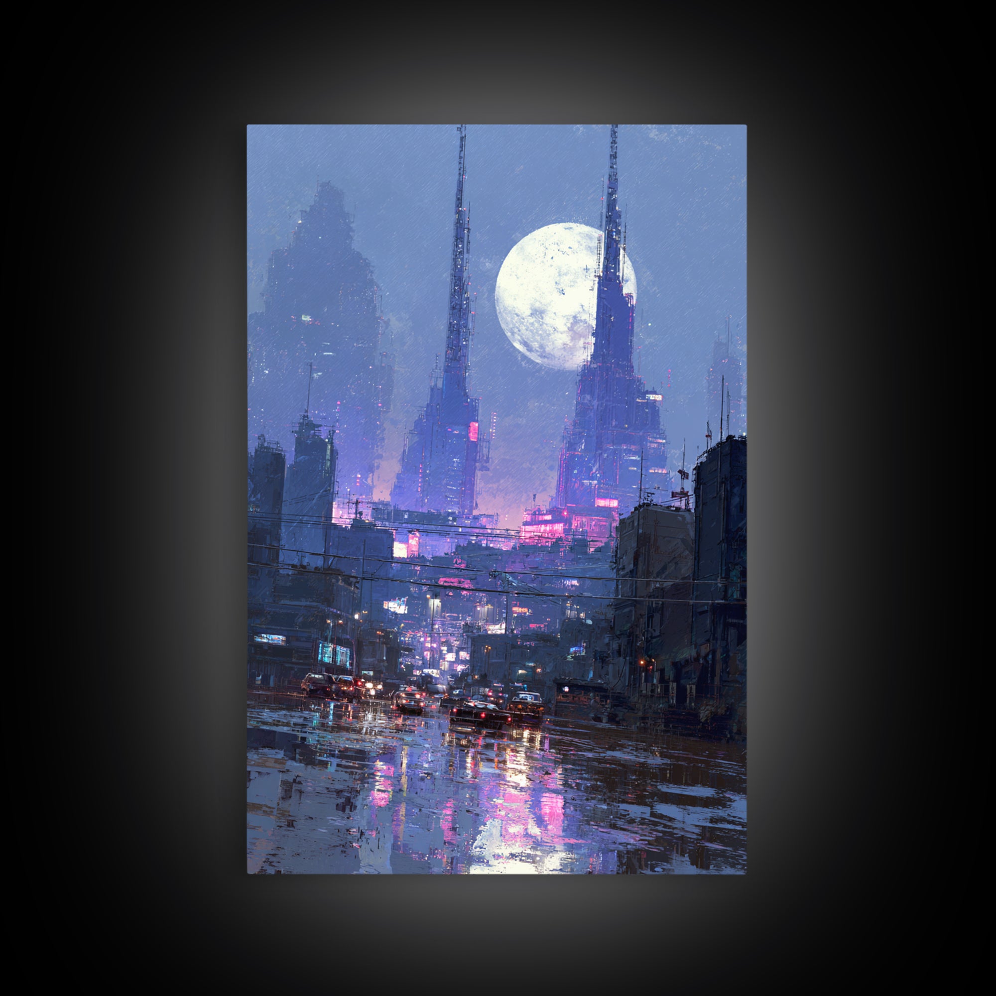 Dystopian Moon over Dense Rooftops Framed Canvas Print, Cyberpunk Art, Digital Wall Art, Living Room Decor, Watercolor Art, CYB-2x3-74